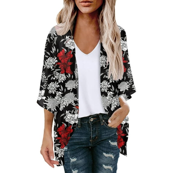 New Fashion AXXD Black Cover Up Women Kimono Swimsuit Cover Ups for Women Summer Floral Print Puff Sleeve Loose Cover Up Trendy Tops