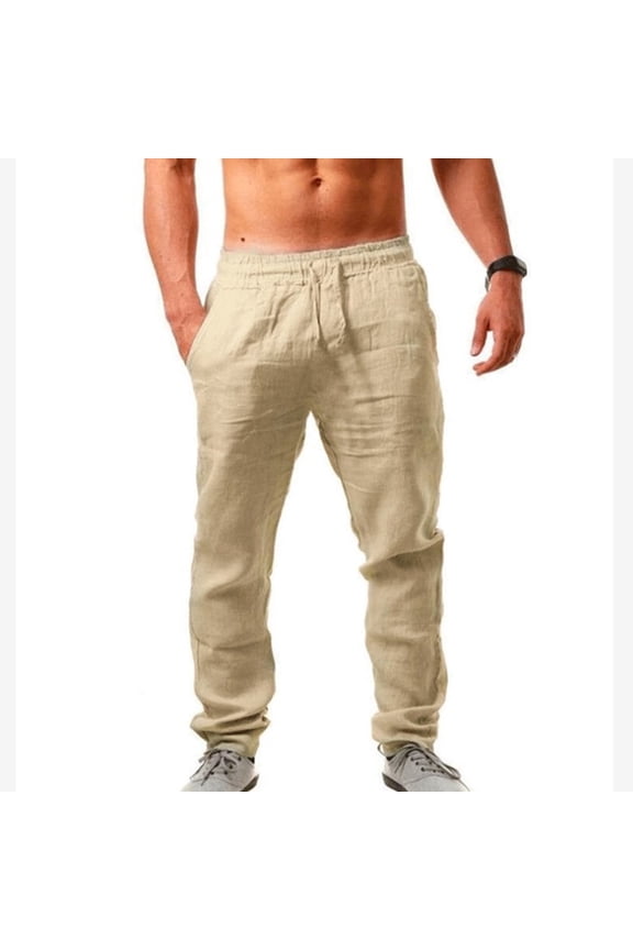 Elastic Solid Breathable Linen Loose Pants Jogging Pants Men Khaki S