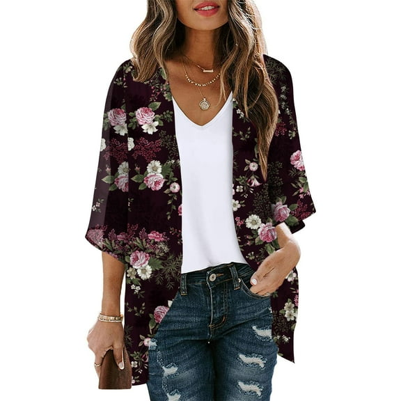 New Fashion AXXD Women'S Swimwear Cover Ups Floral Print Puff Sleeve Kimono Cardigan Loose Chiffon Cover Up Tops