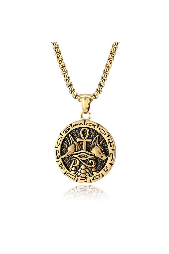 New Fashion Anubis Ankh Cross Pendant 14K Yellow Gold Ancient Egyptian Eye of Horus Necklaces For Men Women Amulet Jewelry