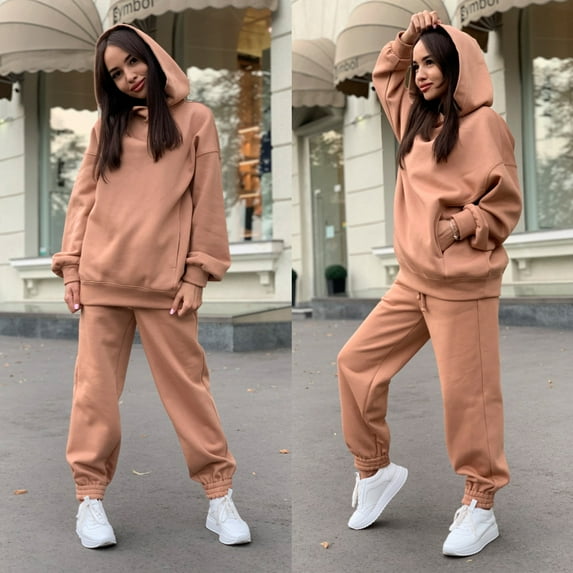 New Fashion Autumn Winter Solid Color Hooded Sweatshirt Casual Two-Piece Set For Women