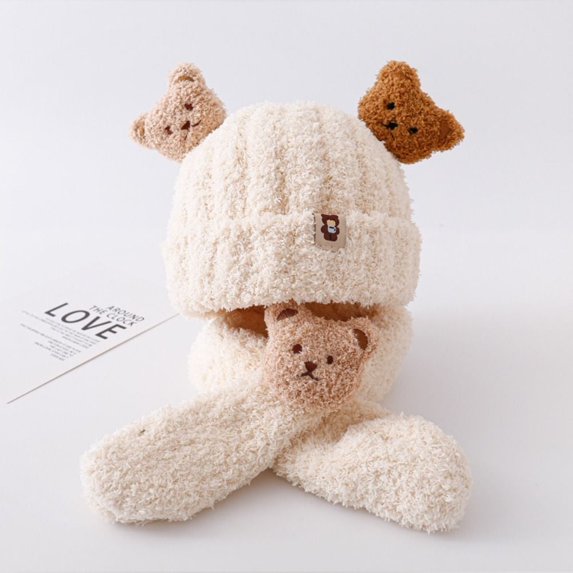 New Fashion Cartoon Bear Ear Protection Keep Warm Knit Cap Infant Beanie Baby Winter Hat Scarf Set Plush Scarves BEIGE