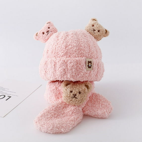 New Fashion Cartoon Bear Ear Protection Keep Warm Knit Cap Infant Beanie Baby Winter Hat Scarf Set Plush Scarves PINK