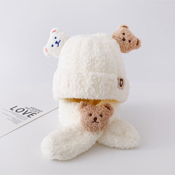 New Fashion Cartoon Bear Ear Protection Keep Warm Knit Cap Infant Beanie Baby Winter Hat Scarf Set Plush Scarves WHITE
