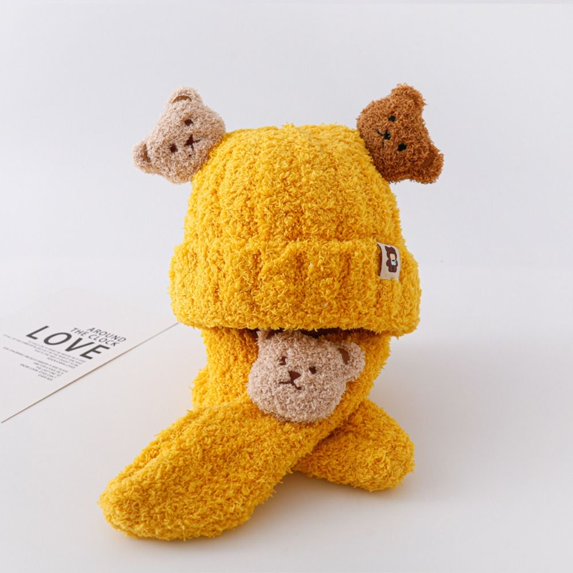 New Fashion Cartoon Bear Ear Protection Keep Warm Knit Cap Infant Beanie Baby Winter Hat Scarf Set Plush Scarves YELLOW
