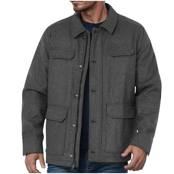 New Fashion Coats for Mens Plus Size Autumn and Winter Multiple Pockets Button Zipper Windbreaker Solid Long Sleeves No Hat Casual Loose Coat Gifts for Mens