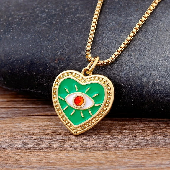 New Fashion Cubic Zircon Heart 14K Yellow Gold Necklace Pink/Green Color Women Evil Eye Pendant Choker Wedding Party Gifts Trendy Jewelry