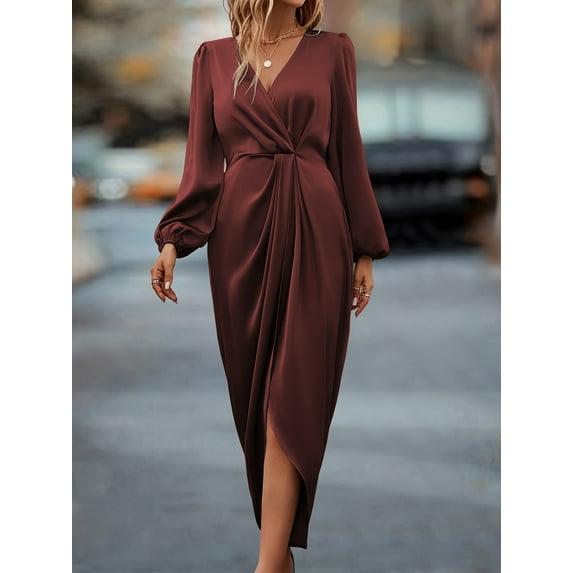New Fashion Elegant Cross Collar Pleated Slit Puff Sleeve Irregular Long Sleeve Dress Skirt for Women Size L