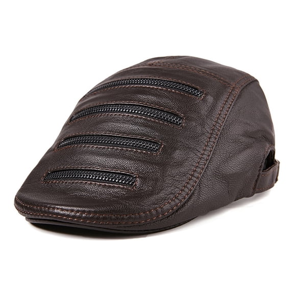 New Fashion Flat Cap Men Brown Adjustable Duckbill Hat Male Genuine Leather Multi Zipper Sp-ring Autumn Cabbie Cap ,Fashion
