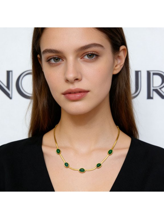 New Fashion Flat Snake Chain Choker 14K Gold Filled Necklace with Green Cubic Zirconia for Women, Jewelry Gift