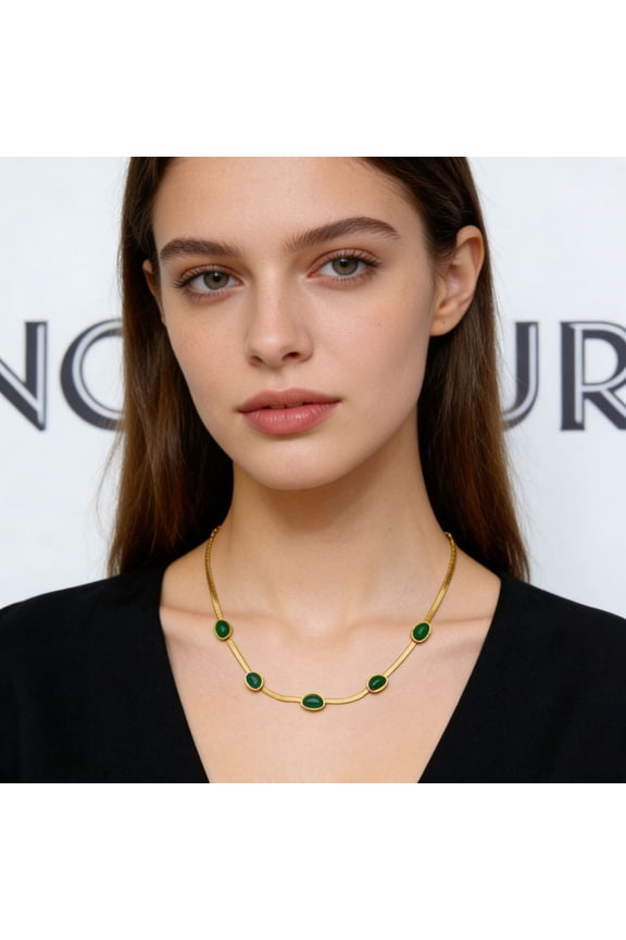 New Fashion Flat Snake Chain Choker 14K Gold Filled Necklace with Green Cubic Zirconia for Women, Jewelry Gift