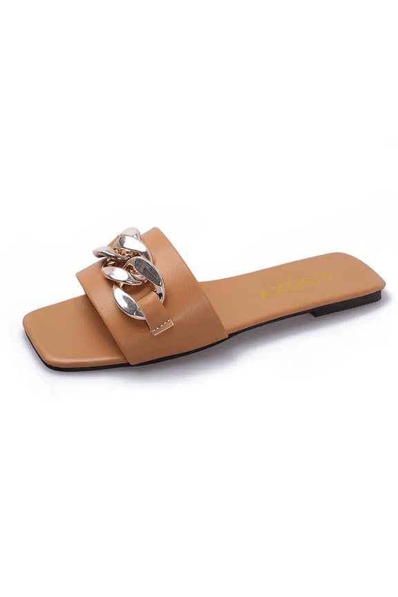 New Fashion Gold Metal Chain Ladies Flat Slides Slippers Outdoor Sandalias Mujer Beach Footwear Women PU Casual Shoes Sandals - Khaki - 8"