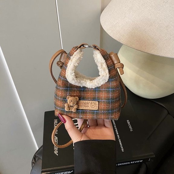 New Fashion Handheld Crossbody Bag Plaid Retro Bucket Bag