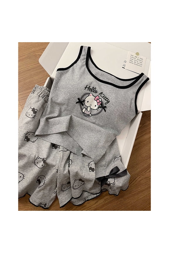 New Fashion Hello Kitty Casual Comfortable Set With Chest Mat  Summer Pajama Cute Tank Top Shorts Clothing