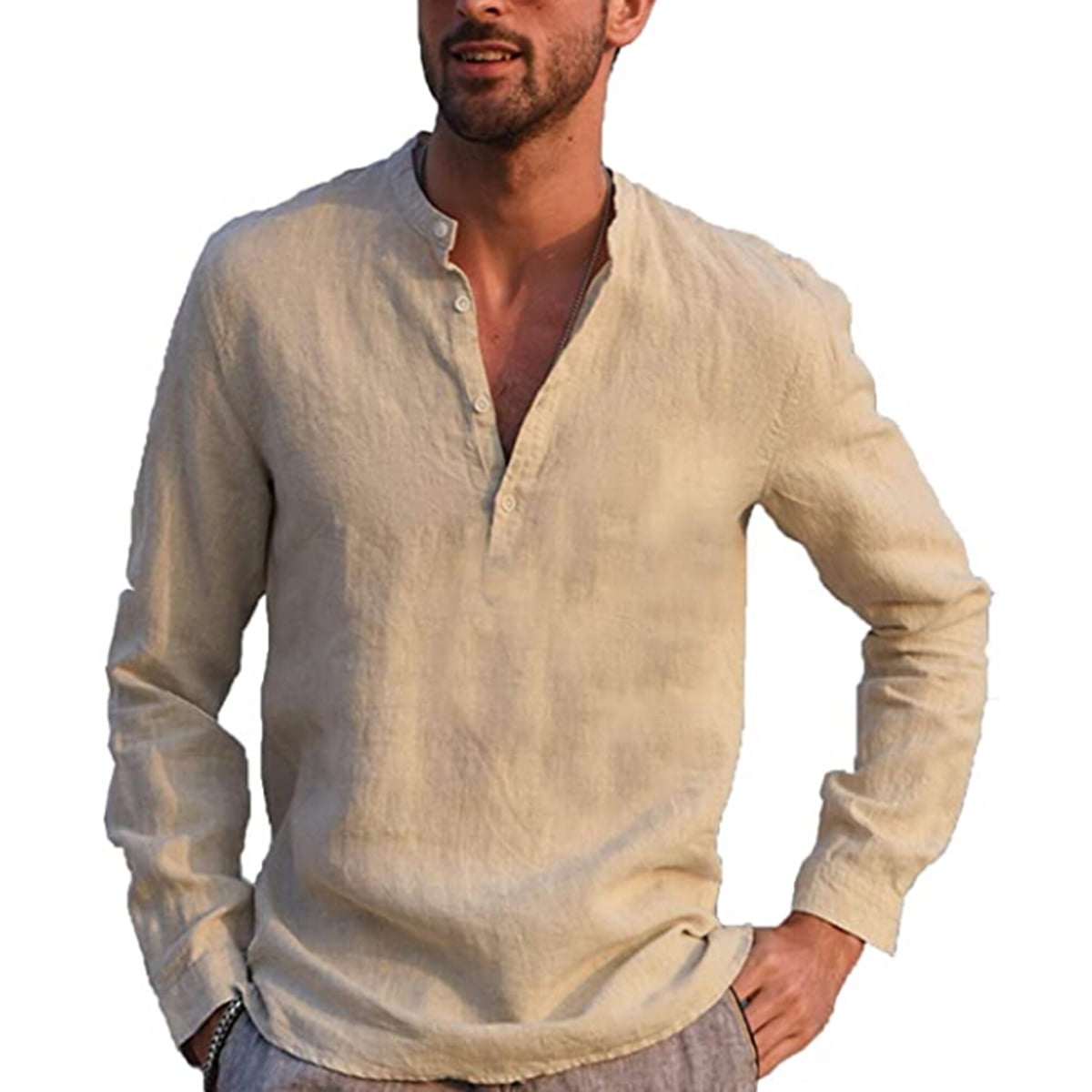 New Fashion Men Summer Casual Shirt Solid Color Stand