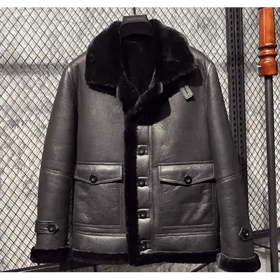 New Fashion Men's Winter Short Jacket Genuine Sheepskin Leather Shearling Coat for Male 100% Wool Liner Black Plus Large Size for Weight over 100kgs,Black,48