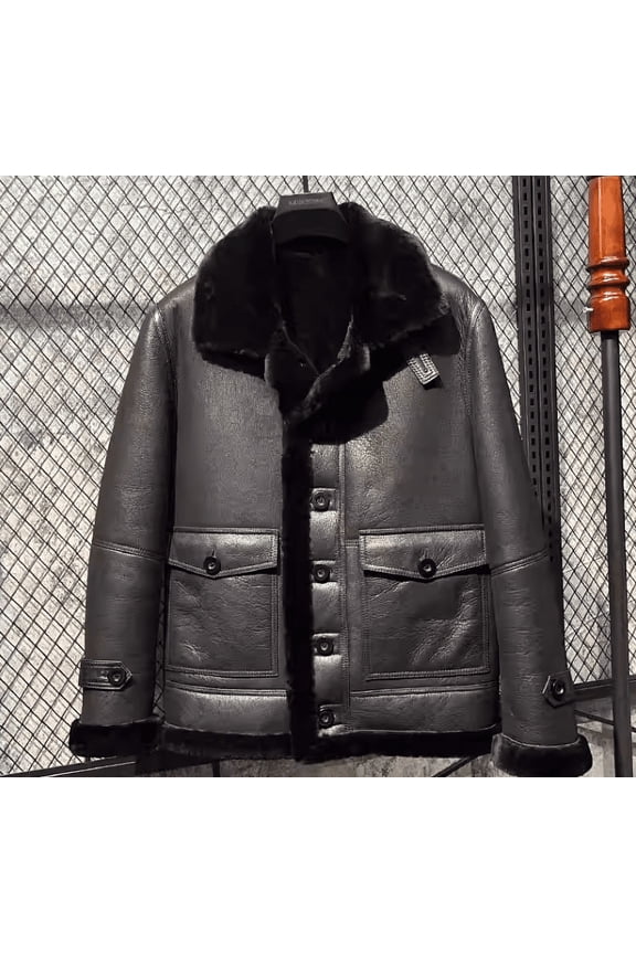 New Fashion Men's Winter Short Jacket Genuine Sheepskin Leather Shearling Coat for Male 100% Wool Liner Black Plus Large Size for Weight over 100kgs,Black,50