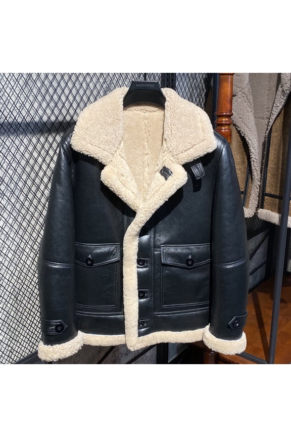 New Fashion Men's Winter Short Jacket Genuine Sheepskin Leather Shearling Coat for Male 100% Wool Liner Black Plus Large Size for Weight over 100kgs,Black ivory wool,60