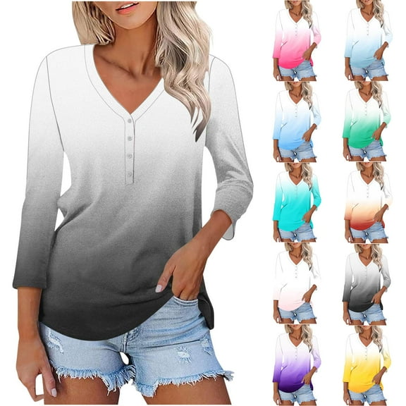 New Fashion Oversize Shirts Tops for Womens 3/4 Sleeve Spring And Summer Gradient Printed Top Collar Button Sexy Shirt 3/4 Sleeve Long Sleeve V Neck Top/Shirt Gifts for Womens