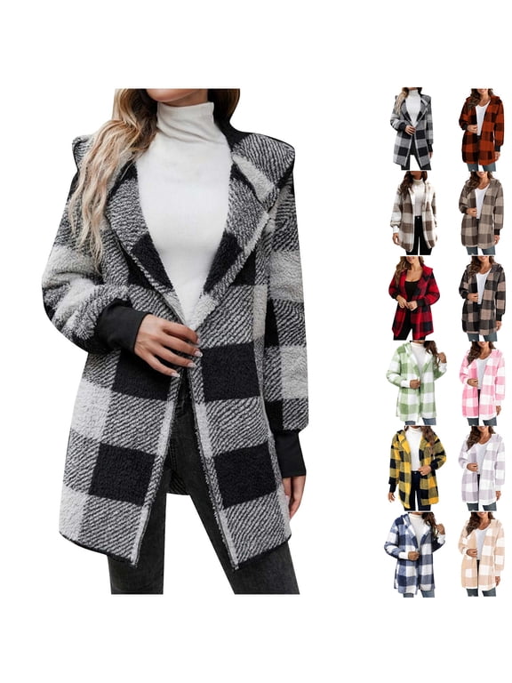 New Fashion Plaid Jackets for Womens Plus Size Fleece Long Sleeve Plaid Faux Shearling Oversized Caots Up to 65% off!