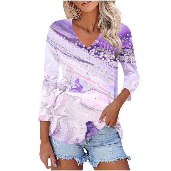 New Fashion Plus Size Shirts Tops for Womens 3/4 Sleeve Spring And Summer Print Top Collar Button Sexy Shirt 3/4 Sleeve Long Sleeve V Neck Top/Shirt