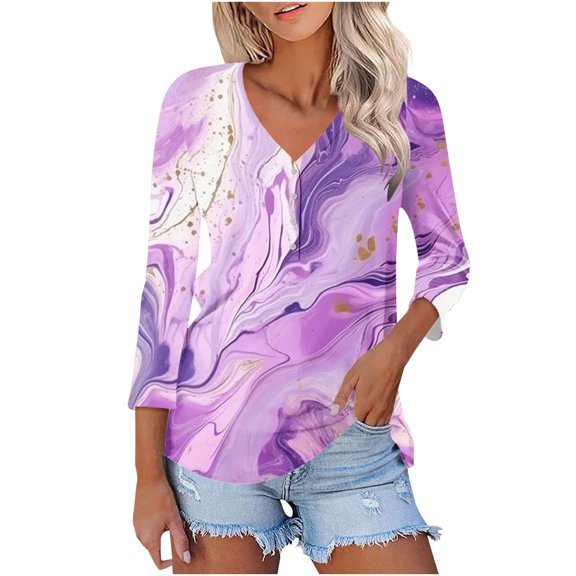 New Fashion Plus Size Shirts Tops for Womens 3/4 Sleeve Spring And Summer Print Top Collar Button Sexy Shirt 3/4 Sleeve Long Sleeve V Neck Top/Shirt