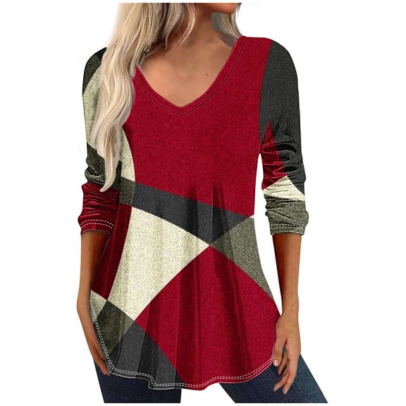 New Fashion Plus Size Shirts Tops for Womens 3/4 Sleeve Multi-color V-neck Seven Quarter Sleeve Patchwork Printed Tops Long Sleeved V-neck Tops/Shirt