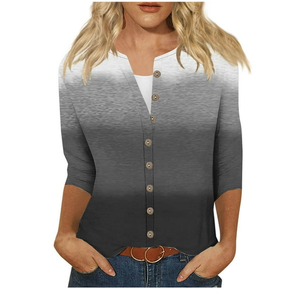 New Fashion Plus Size Shirts Tops for Womens 3/4 Sleeve Printed Loose T-shirt Blouse Round Neck Buttons Tops