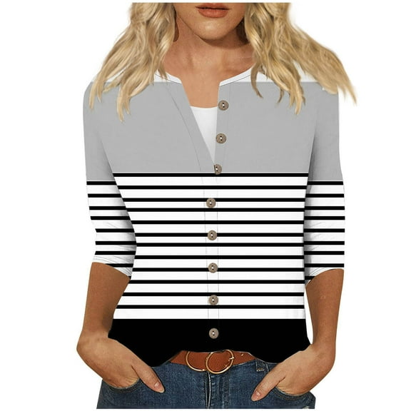 New Fashion Plus Size Shirts Tops for Womens 3/4 Sleeve Printed Loose T-shirt Blouse Round Neck Buttons Tops