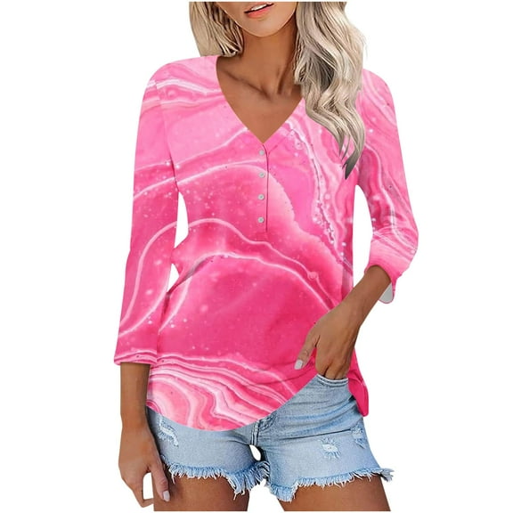 New Fashion Plus Size Shirts Tops for Womens 3/4 Sleeve Spring And Summer Print Top Collar Button Sexy Shirt 3/4 Sleeve Long Sleeve V Neck Top/Shirt