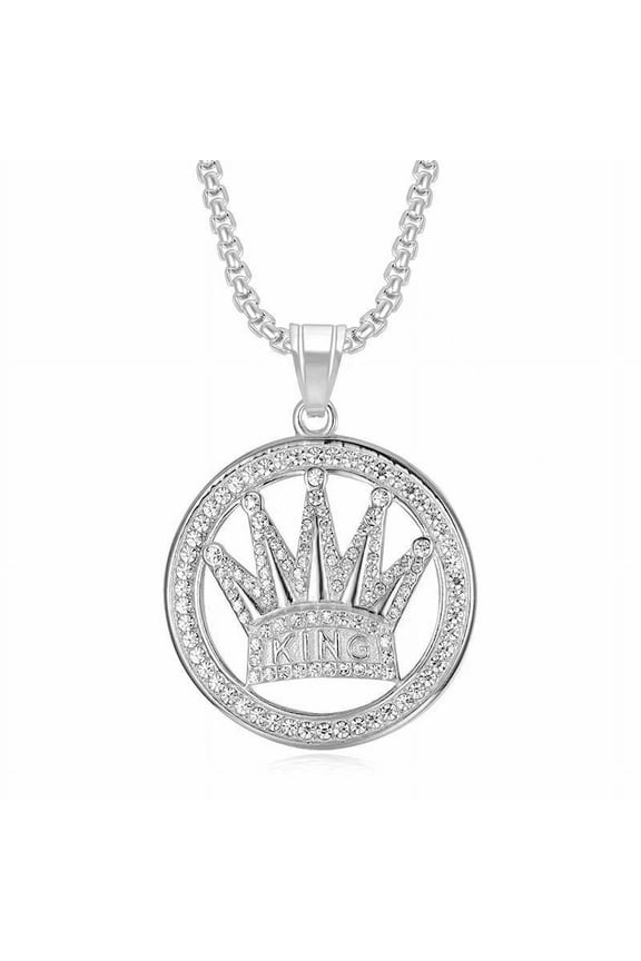 New Fashion Round Crown Necklace 14K Yellow Gold Zirconia King Pendant Hip Hop Golden Silver Color Jewelry For Women Men