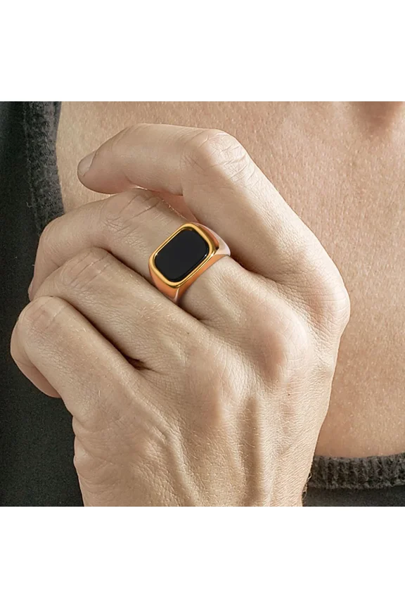New Fashion Signet Rings for Men, Geometric Rectangle Black Stone Top Ring, Waterproof 14K Yellow Gold Finger Bands