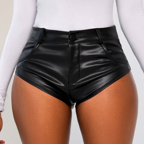 New Fashion Summer Women's Black High Waist Elastic Shorts Women's Tight Casual Pants Imitation Leather Boots Pants Plus Size