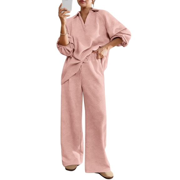 New Fashion V-neck Sweatshirt Wide-leg Pants Two-piece Set Women Autumn Casual Loose Jogger Shirt Trousers Suit For Women