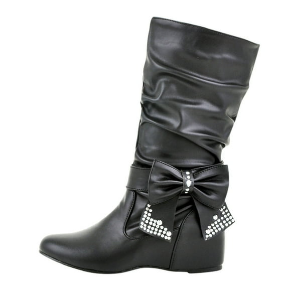 New Fashion Warm Female Boots Retro Women Rhinestones Bow Tie Low Heeled On Mid Calf Boots Round Toe Shoes