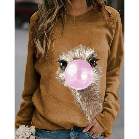 New Fashion Women's Casual Autumn and Winter Solid Color Long Sleeves Floral Print Women's Round-Neck Top Loose-Fit Pullover