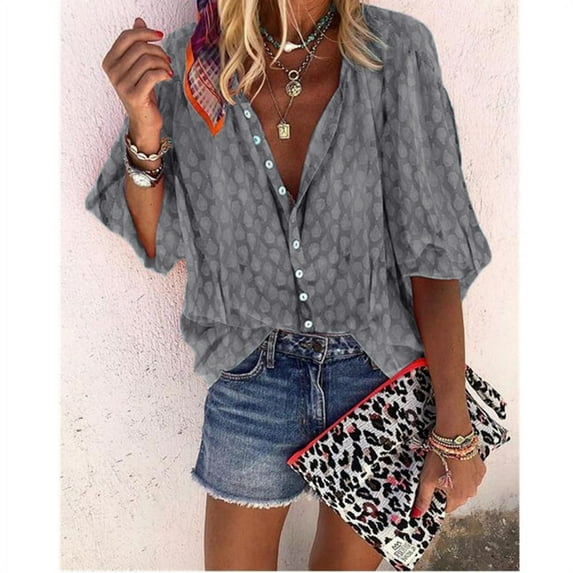 New Fashion Women's Casual Loose Lapel Shirt Puff Sleeve Buckle Printed Top