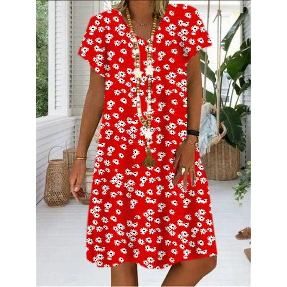 New Fashion Women's Casual Round Neck Element Printed Pocket Short Sleeve Large Swing Dress