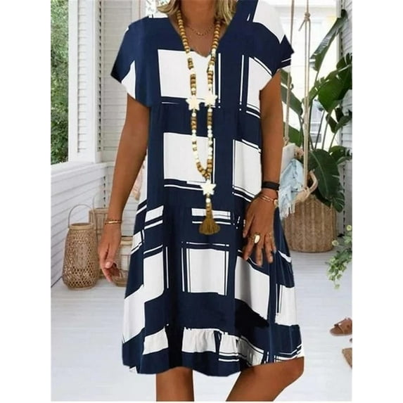 New Fashion Women's Casual Short-Sleeved Plaid Printed Loose Dress