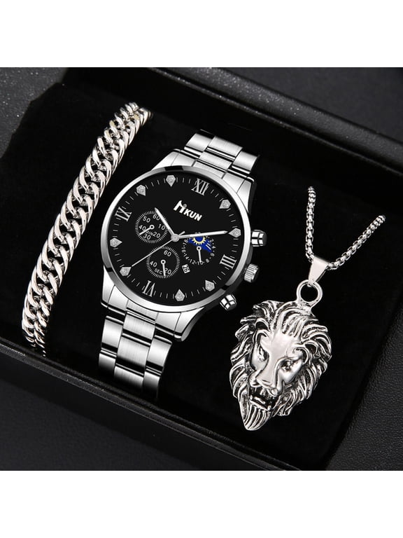 New Fashionable Business Men's Steel Band Watch with Fake Three Eyes Quartz Watch and Lion Necklace Set