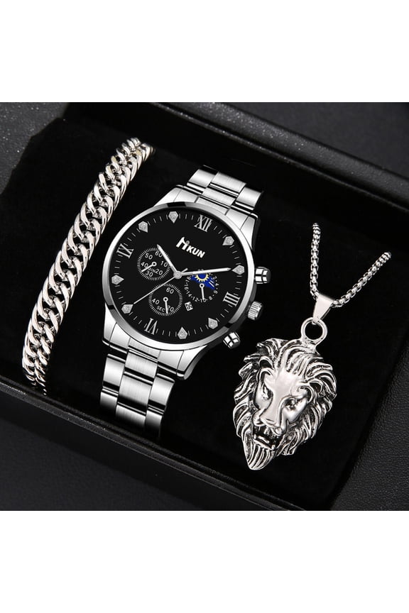 New Fashionable Business Men's Steel Band Watch with Fake Three Eyes Quartz Watch and Lion Necklace Set