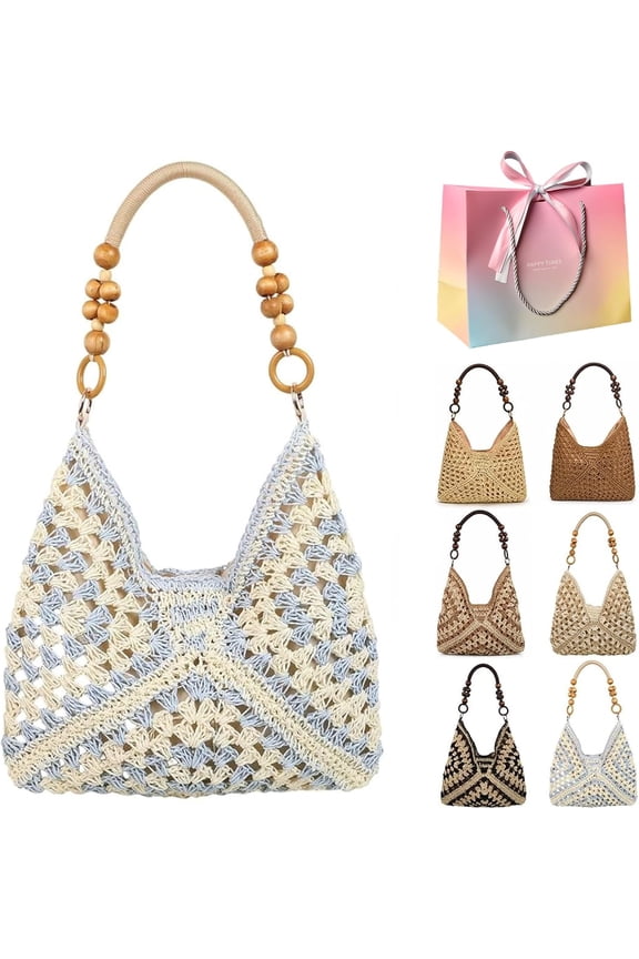 New Fashionable Handmade Woven Bag, Boho Woven Tote Bag with Cutout Square Flower Pattern, for Shopping, Or Beach Trips