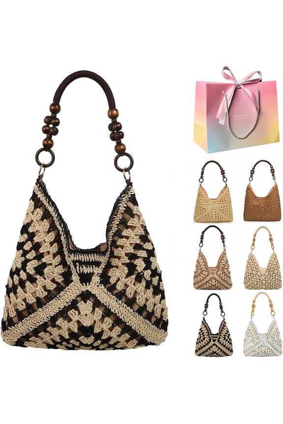 New Fashionable Handmade Woven Bag, Boho Woven Tote Bag with Cutout Square Flower Pattern, for Shopping, Or Beach Trips