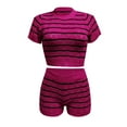 thumbnail image 1 of New Fashionable Women's Tops High Waisted Elastic Sexy Slim Fitting Round Neck Navel Short Striped Knitted Two Piece Suit, 1 of 1