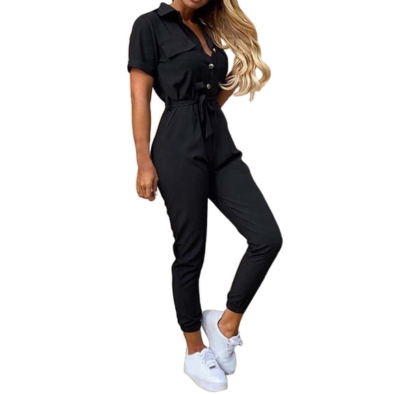 New Fashionable Women's Trousers Casual Lapel Button Printed Belt Cargo Jumpsuit