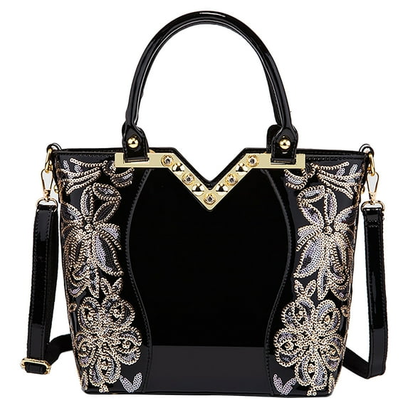 Handbag for Women, GMYLE Flowers Pattern Beads Patent Leather Rhinestones Shoulder Crossbody Tote Bucket Bag Fashion Large Capacity, Gift for Mother Wife Girlfriend (Black)