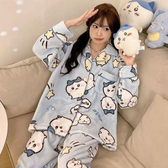 New Female Chiikawa Pajamas Suit Winter Hachiware Cartoon Coral Fleece Sleepclothes Flannel Velvet Thicken Homewear Suit