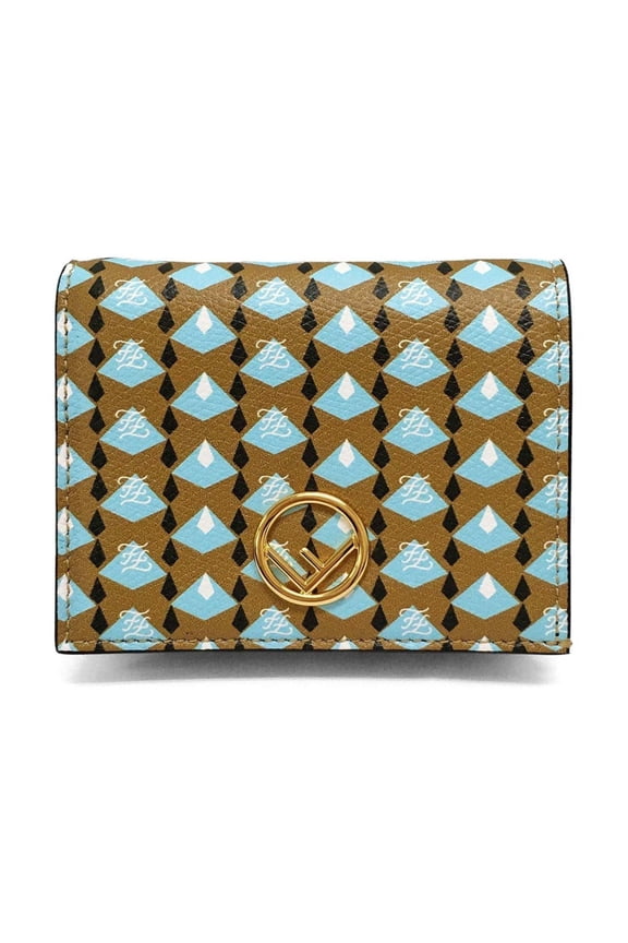 New Fendi Calf Leather F Logo Blue Brown Small Bifold Wallet 8M0420