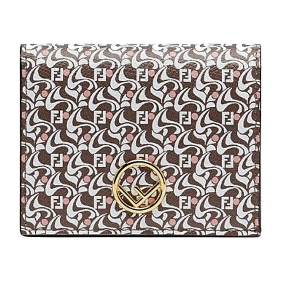 New Fendi Calf Leather F Logo Brown Pink Small Bifold Wallet 8M0420