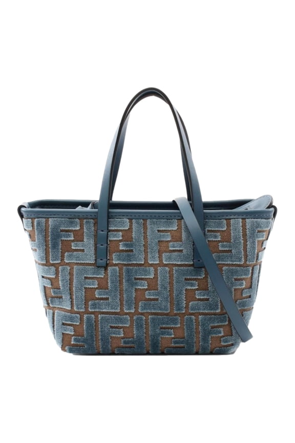 New Fendi Mini Roll FF Blue Brown Chenille Tote Bag Small Top Handle Crossbody